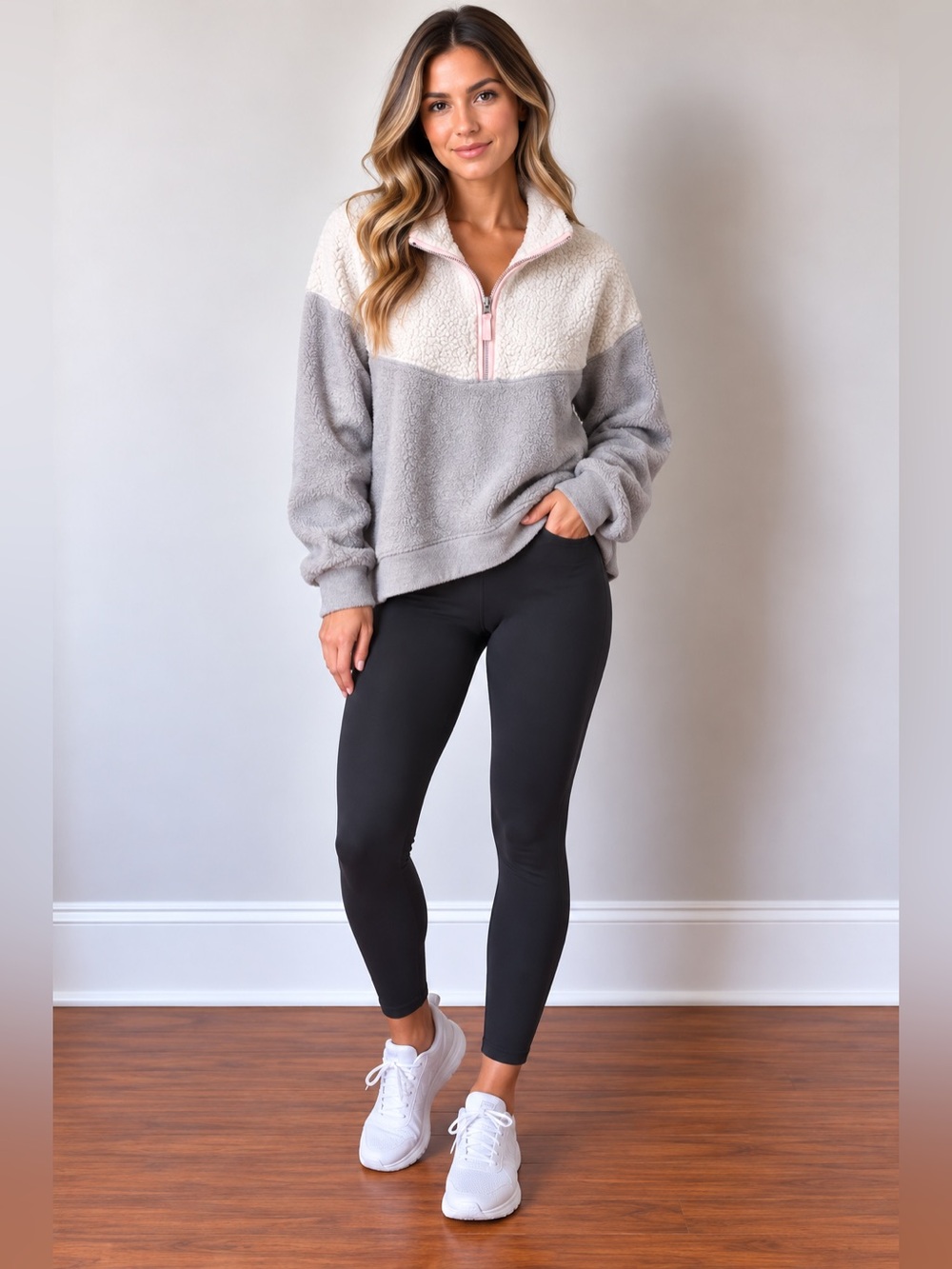 aerie Two-Tone Sherpa Quarter-Zip Pullover - White, Light Gray & Pink Trim